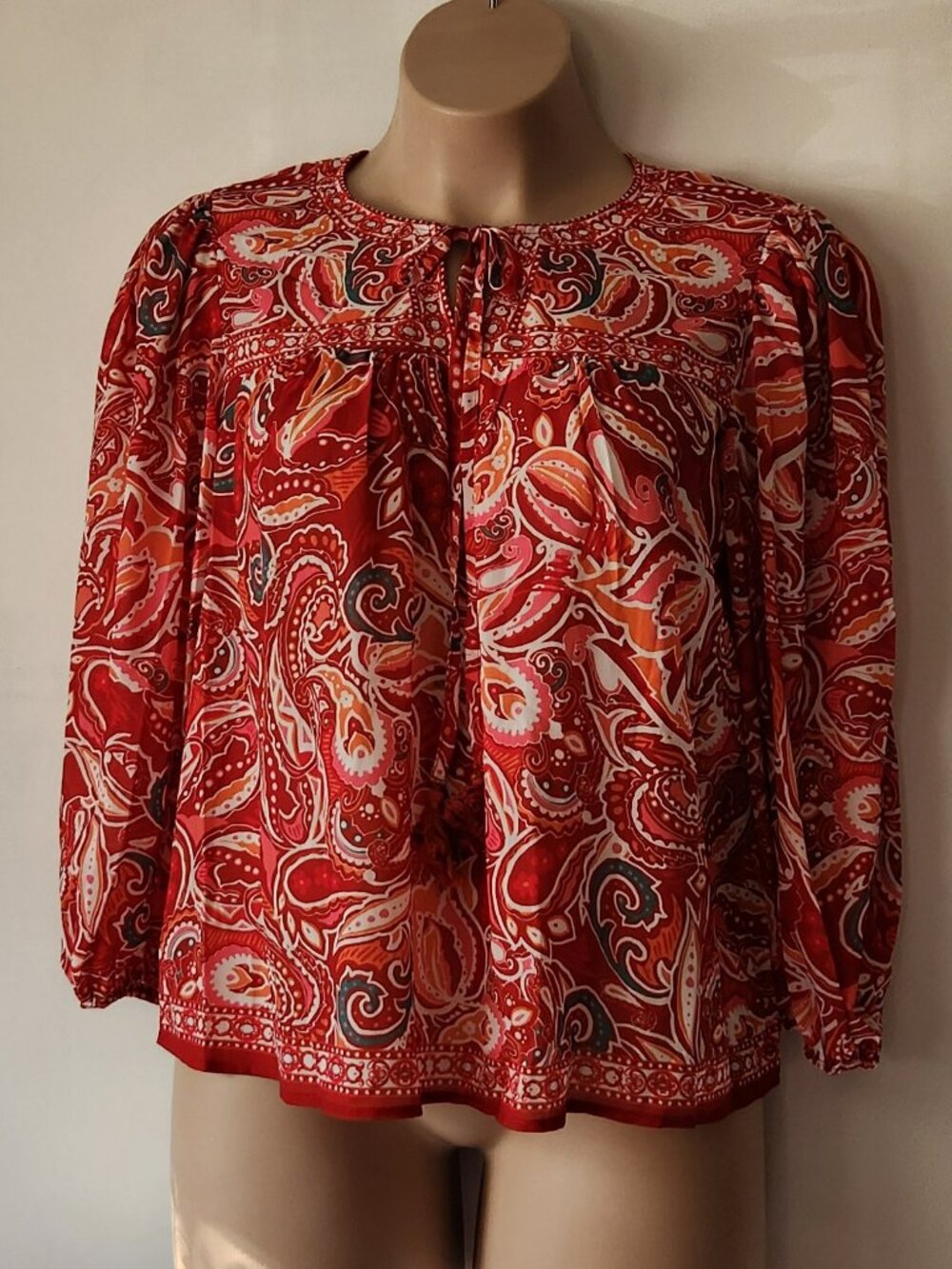 Beautiful babydoll paisley print top sz XL red orange EUC